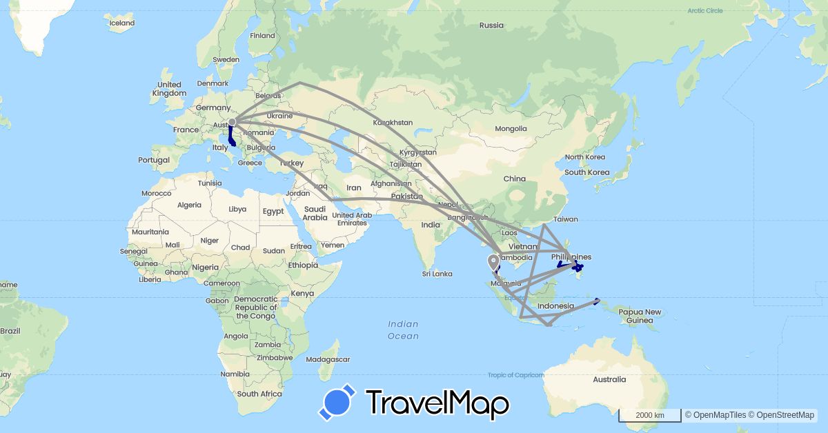 TravelMap itinerary: driving, plane in Austria, Bosnia and Herzegovina, China, Croatia, Indonesia, India, Kuwait, Malaysia, Philippines, Russia, Singapore, Thailand, Turkey, Ukraine (Asia, Europe)